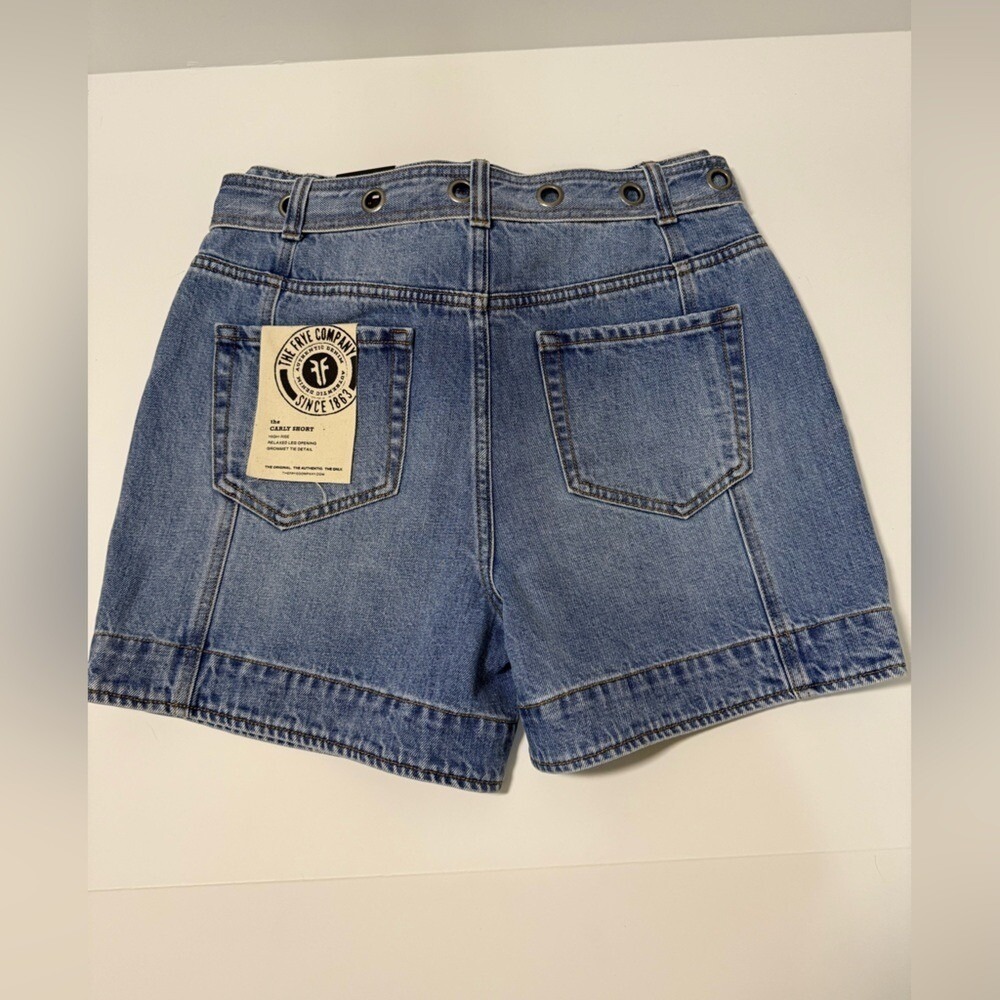 Frye Carly High Rise Relaxed Denim Shorts Meadow Wash Grommet Tie Size 27 NEW - Picture 7 of 9